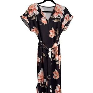 Floral Maxi Dress‎ V Neck Short Sleeve Belted Black XL EUC Summer Comfort